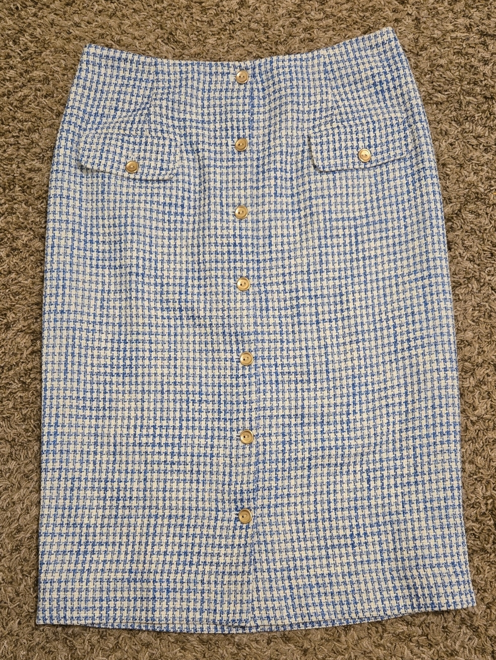 J. McLaughlin Blue and White Houndstooth Button-Front Pencil Skirt